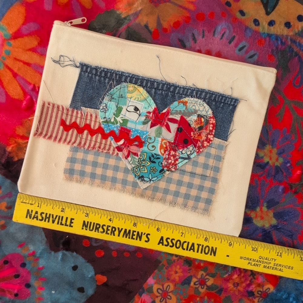 Fabric Heart Zipper Pouch, Canvas Bag w fabric embellishments HANDMADE ITEM - Picture 3 of 4